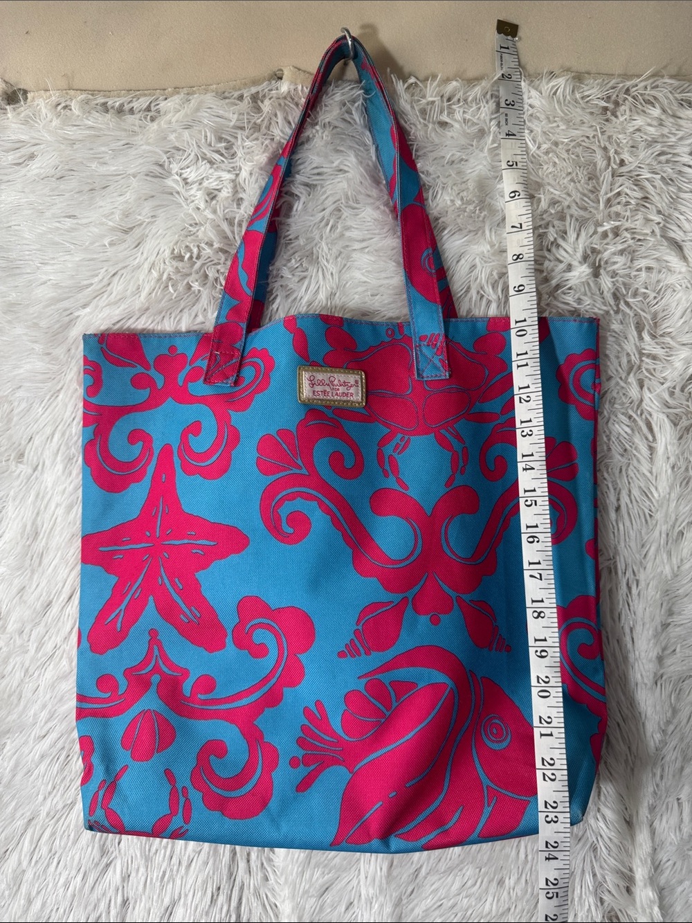 Lilly Pulitzer Estee Lauder Pink Blue Crabs Shells Canvas Tote Beach Bag
